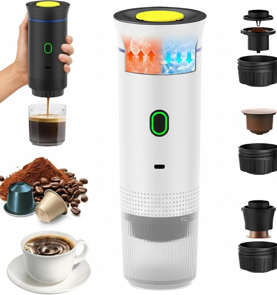 Cafetera Portátil 3 en 1 – Máquina de Café Espresso Compacta y Recargable para Cápsulas, Café Molido e Instantáneo